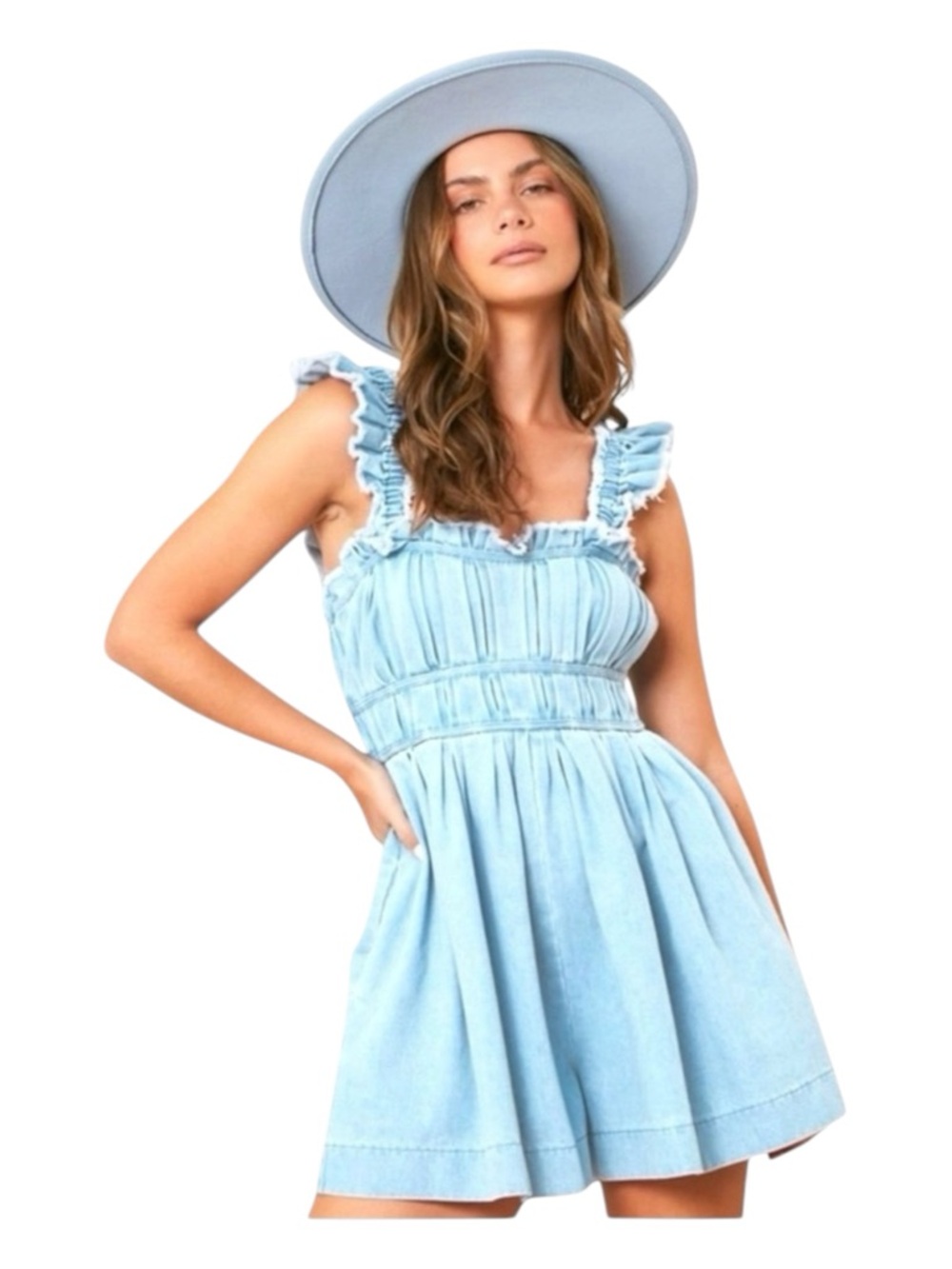 PEACH LOVE CALIFORNIA Sky Blue Denim Romper, Size L.